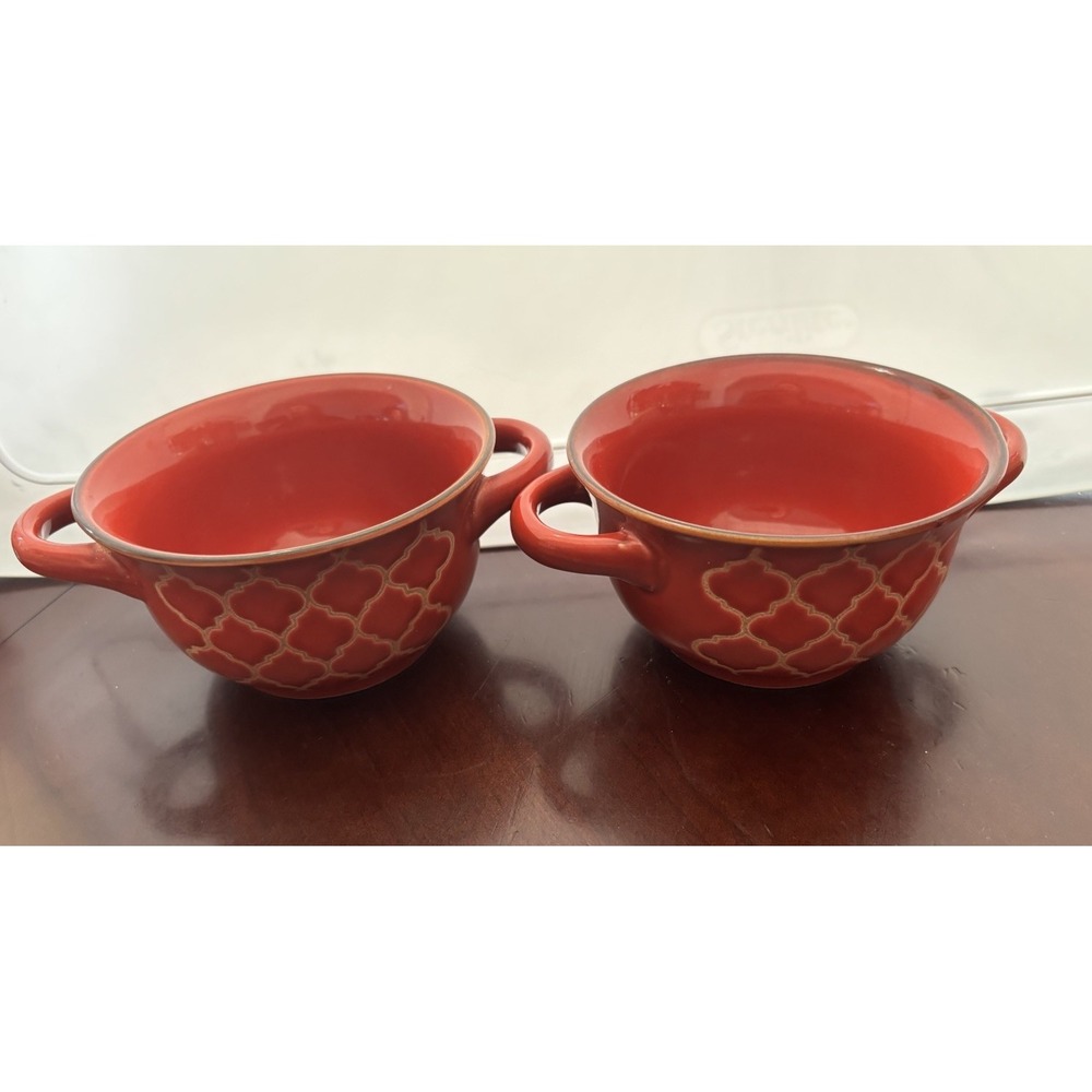 Crock-Pot Red Stoneware Double Handle Soup Bowls Gold Lattice Set of 2